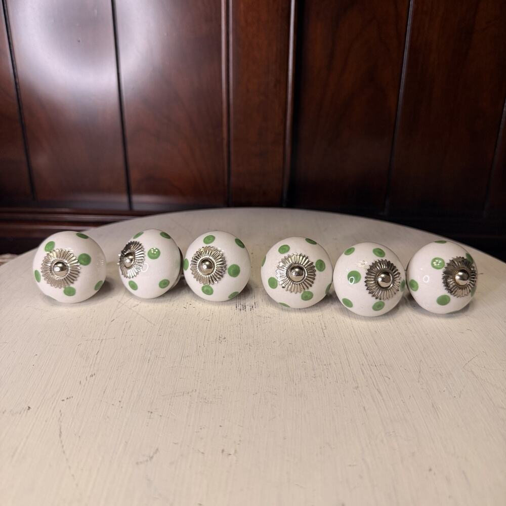 Ceramic Dresser Drawer Knob White And Green Polka Dot With Metal Collar Set Of 6